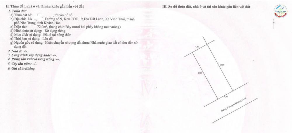 BÁN ĐẤT TÁI ĐỊNH CƯ ĐẤT LÀNH - VĨNH THÁI, NHA TRANG. GIÁ BÁN 1.7 TỶ