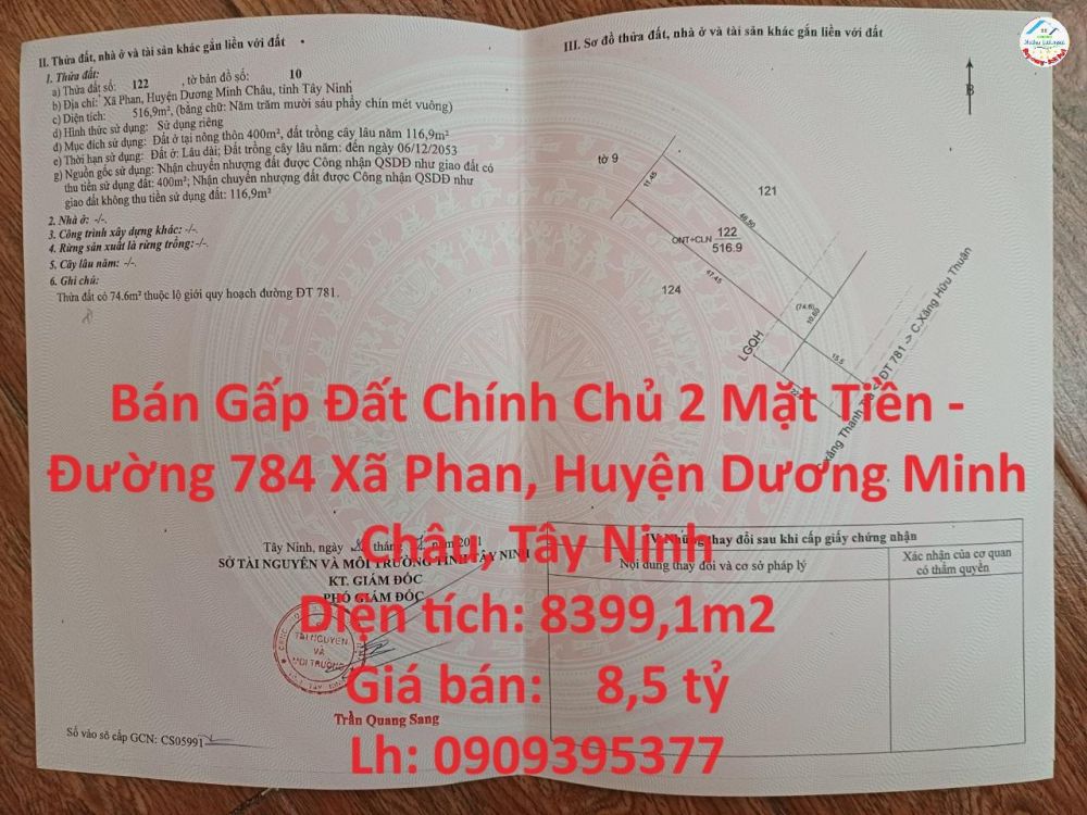 Bán Gấp Đất Chính Chủ 2 Mặt Tiền - Đường 784 Xã Phan, Huyện Dương Minh Châu, Tây Ninh