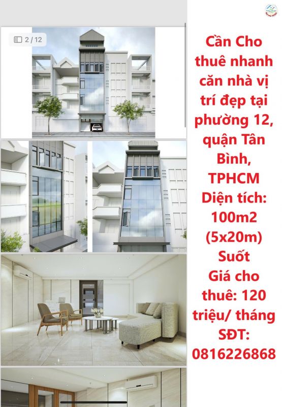 Nhà đất cho thuê Tân Bình, Thành phố Hồ Chí Minh | 100m2 - 120 Triệu/Tháng