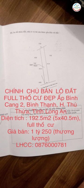 CHÍNH CHỦ BÁN  LÔ ĐẤT FULL THỔ CƯ ĐẸP Ấp Bình Cang 2, Bình Thạnh, H. Thủ Thừa, Tỉnh Long An