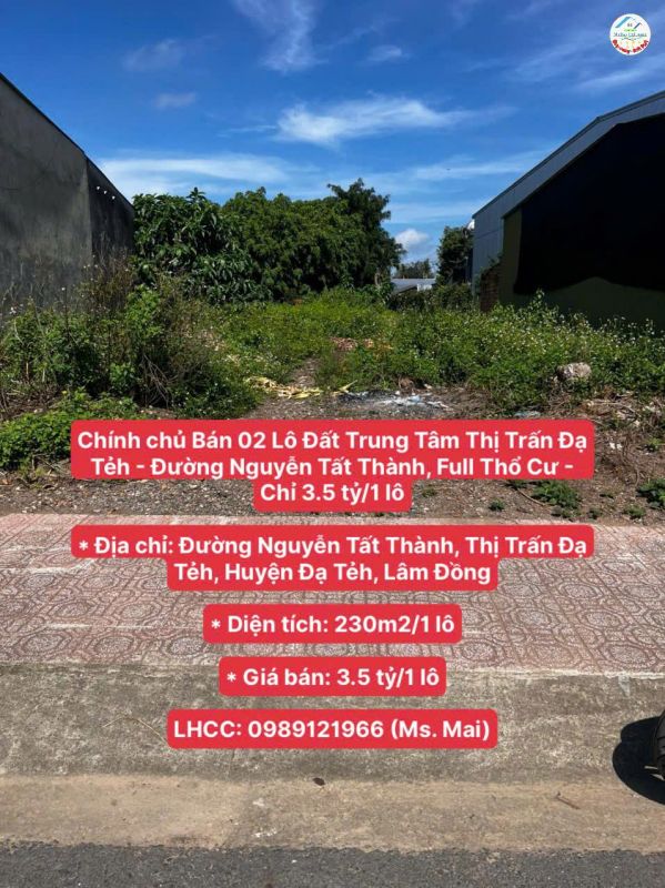 Chính chủ Bán 02 Lô Đất Trung Tâm T.T Đạ Tẻh - Đường Nguyễn Tất Thành, Full Thổ Cư - Chỉ