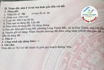 CHÍNH CHỦ BÁN ĐẤT ĐẸP - GIÁ Tốt - Vị Trí Tại : Long Mỹ - Long Thành- Bắc Hòa - Tây Ninh