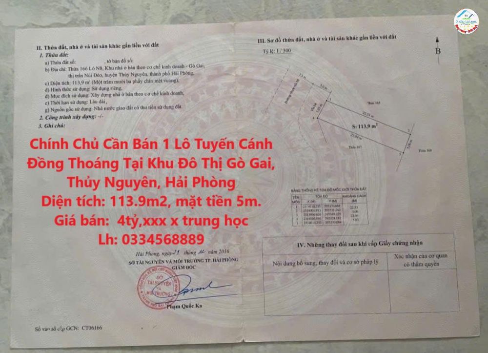 Chính Chủ Cần Bán 1 Lô Tuyến Cánh Đồng Thoáng Tại Khu Đô Thị Gò Gai, Thủy Nguyên, Hải