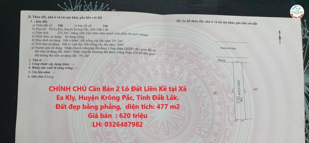 CHÍNH CHỦ Cần Bán 2 Lô Đất Liền Kề tại Xã Ea Kly, Huyện Krông Pắc, Tỉnh Đắk Lắk.