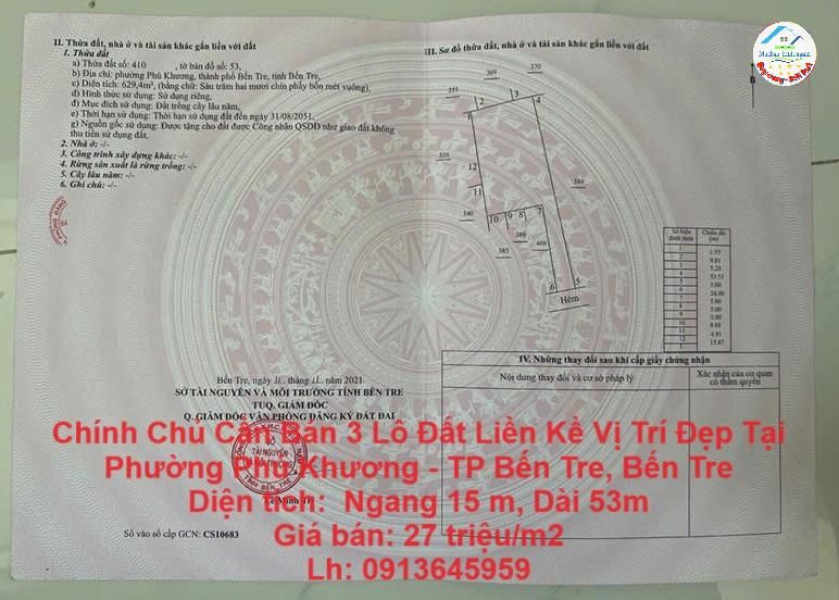 Chính Chủ Cần Bán 3 Lô Đất Liền Kề Vị Trí Đẹp Tại Phường Phú Khương - TP Bến Tre, Bến Tre