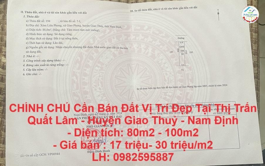 CHÍNH CHỦ Cần Bán Đất Vị Trí Đẹp Tại Thị Trấn Quất Lâm - Huyện Giao Thuỷ - Nam Định
