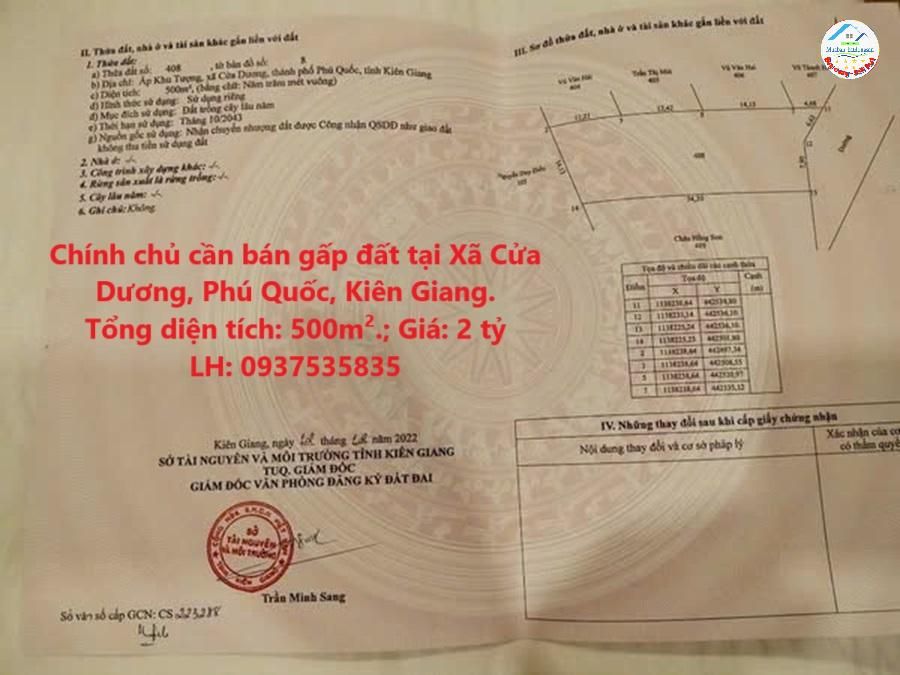 Chính chủ cần bán gấp đất tại Xã Cửa Dương, Phú Quốc, Kiên Giang.