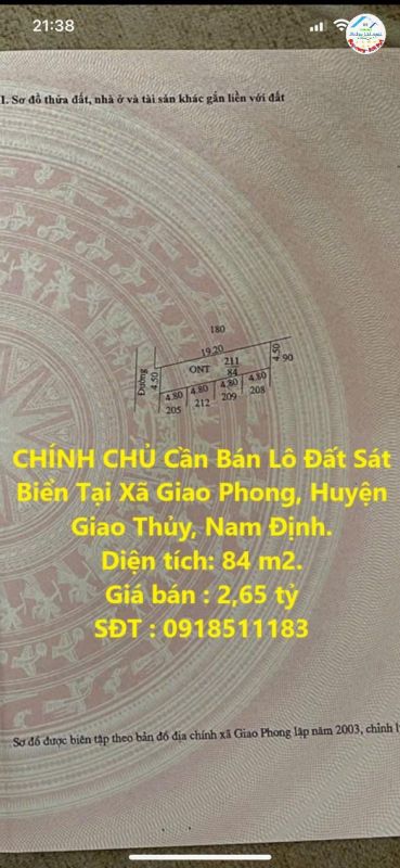 CHÍNH CHỦ Cần Bán Lô Đất Sát Biển Tại Xã Giao Phong, Huyện Giao Thủy, Nam Định.