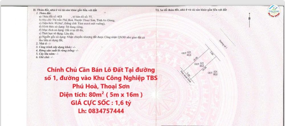 Chính Chủ Cần Bán Lô Đất Tại đường số 1, đường vào Khu Công Nghiệp TBS Phú Hoà, Thoại Sơn