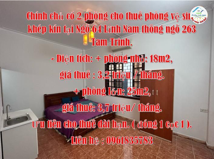 Chính chủ có 2 phòng cho thuê phòng vệ sinh khép kín tại Ngõ 64 Lĩnh Nam thông ngõ 263 Tam Trinh.