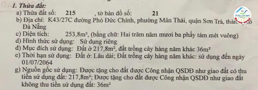 CƠ HỘI SỞ HỮU SIÊU PHẨM LÔ ĐẤT ĐẸP 250m2, 2 PHÚT RA BIỂN, PHÙ HỢP XÂY CĂN HỘ