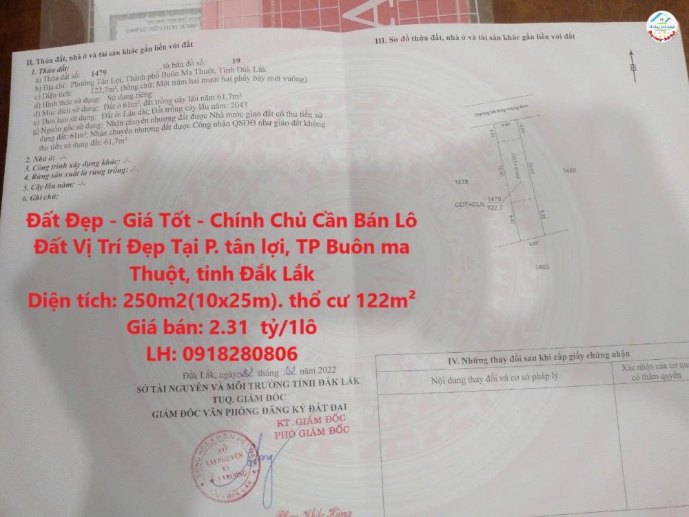 Đất Đẹp - Giá Tốt - Chính Chủ Cần Bán Lô Đất Vị Trí Đẹp Tại P. tân lợi, TP Buôn ma Thuột,