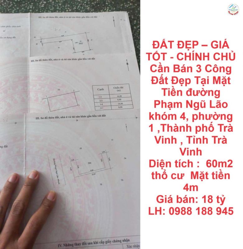 ĐẤT ĐẸP – GIÁ TỐT - CHÍNH CHỦ Cần Bán 3 Công Đất Đẹp Tại Mặt Tiền đường Phạm Ngũ Lão