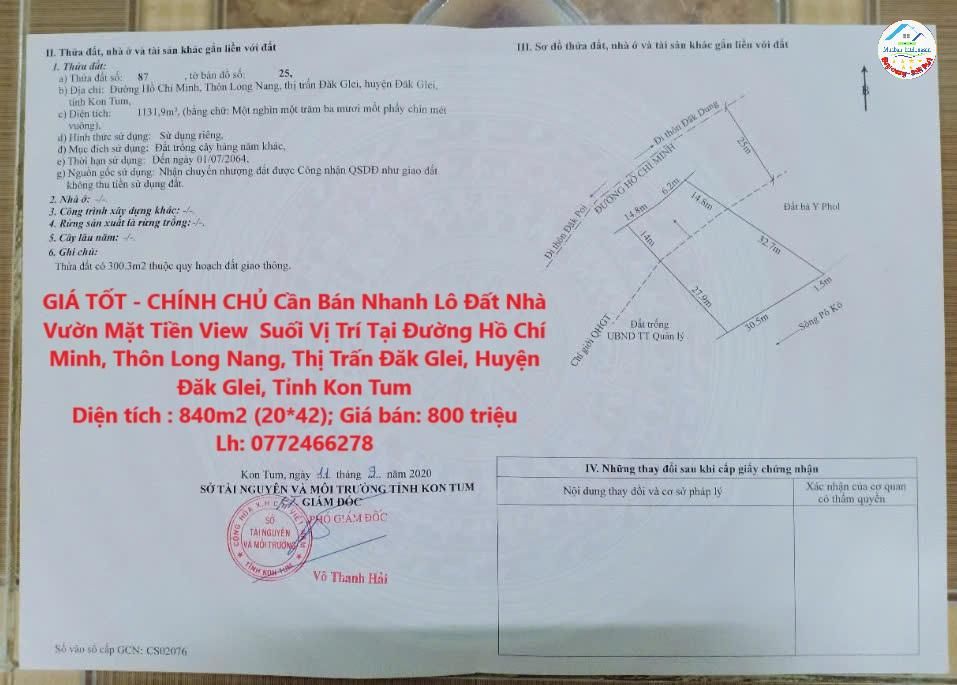 GIÁ TỐT - CHÍNH CHỦ Cần Bán Nhanh Lô Đất Nhà Vườn Mặt Tiền View  Suối Vị Trí Tại Tỉnh Kon