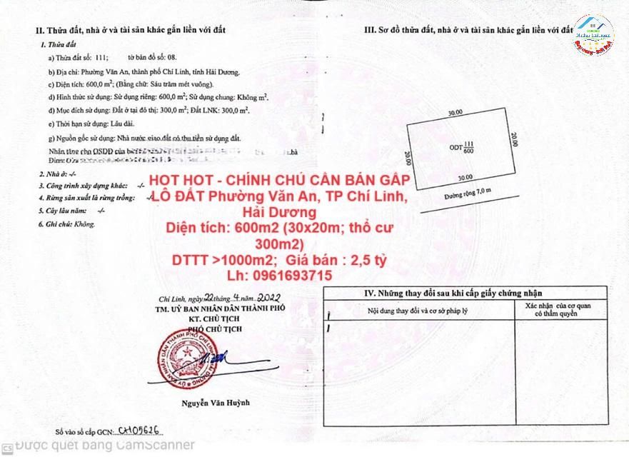 HOT HOT - CHÍNH CHỦ CẦN BÁN GẤP LÔ ĐẤT Phường Văn An, TP Chí Linh, Hải Dương