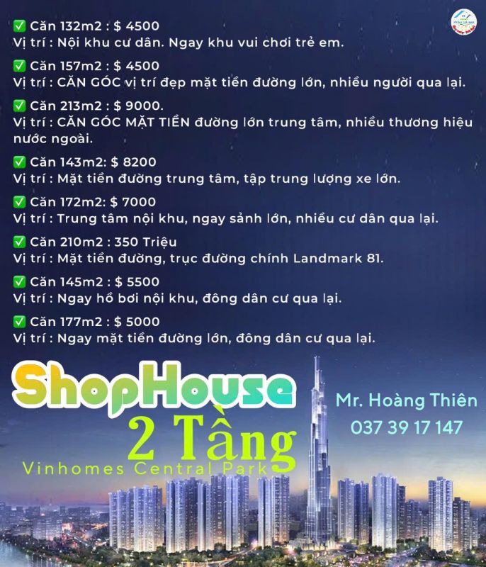 Thuê Shophouse 2 tầng Vinhomes Central Park, Tháng 10.2024 hơn 150m: 112 triệu.LH: 0373917147